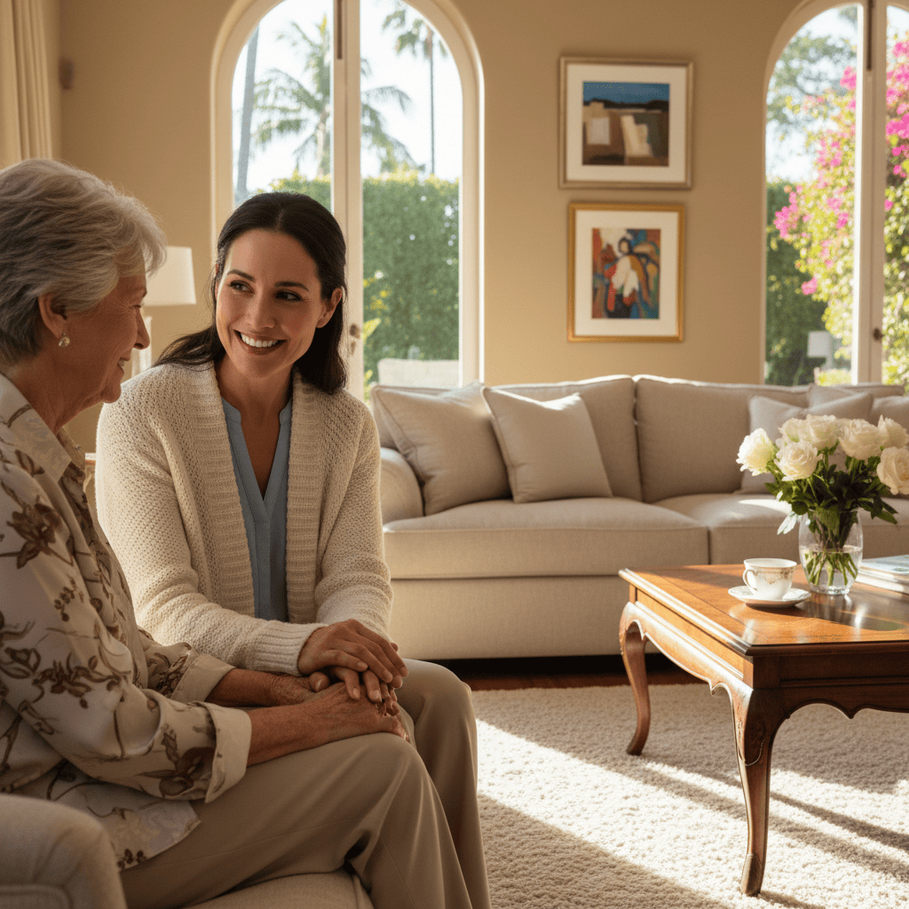 A warm, sunlit scene of a professional, smiling caregiver gently holding the hand of an elderly person in a beautiful Beverly Hills home setting.